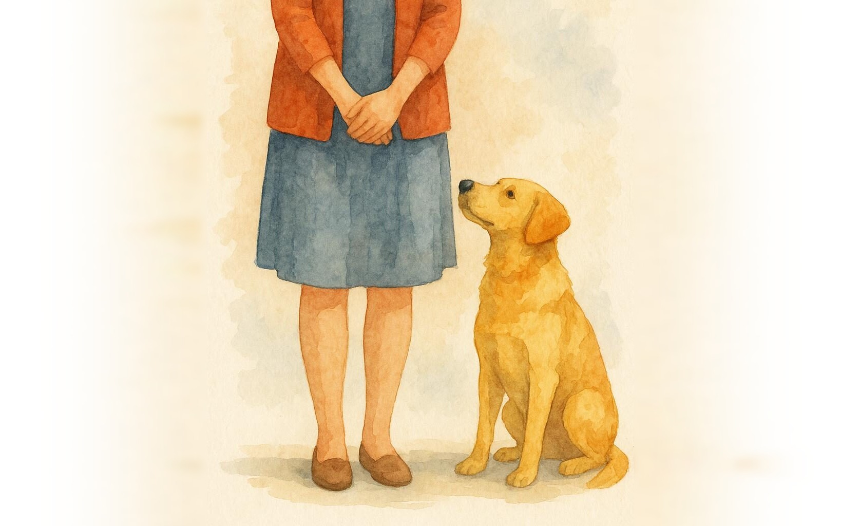 Sometimes the most powerful question — woman and golden dog watercolour