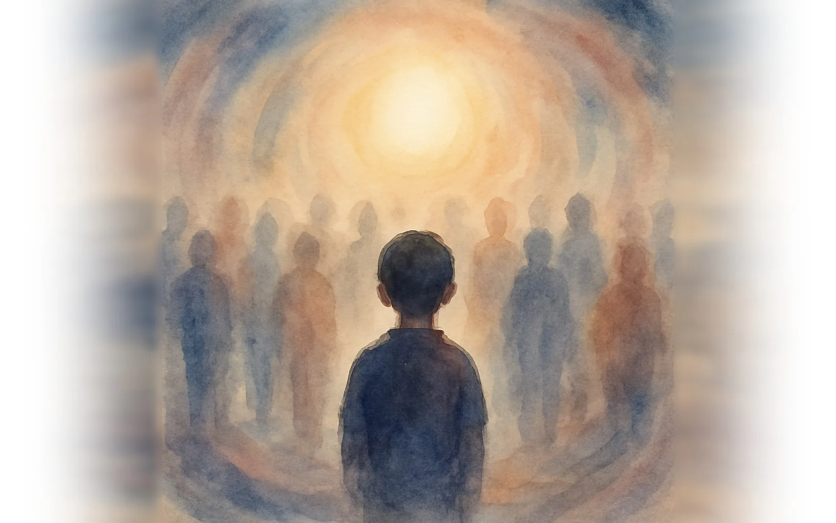 Watercolour of a child standing quietly within a busy crowd, illustrating the subtle social and sensory challenges of Level 1 autism.