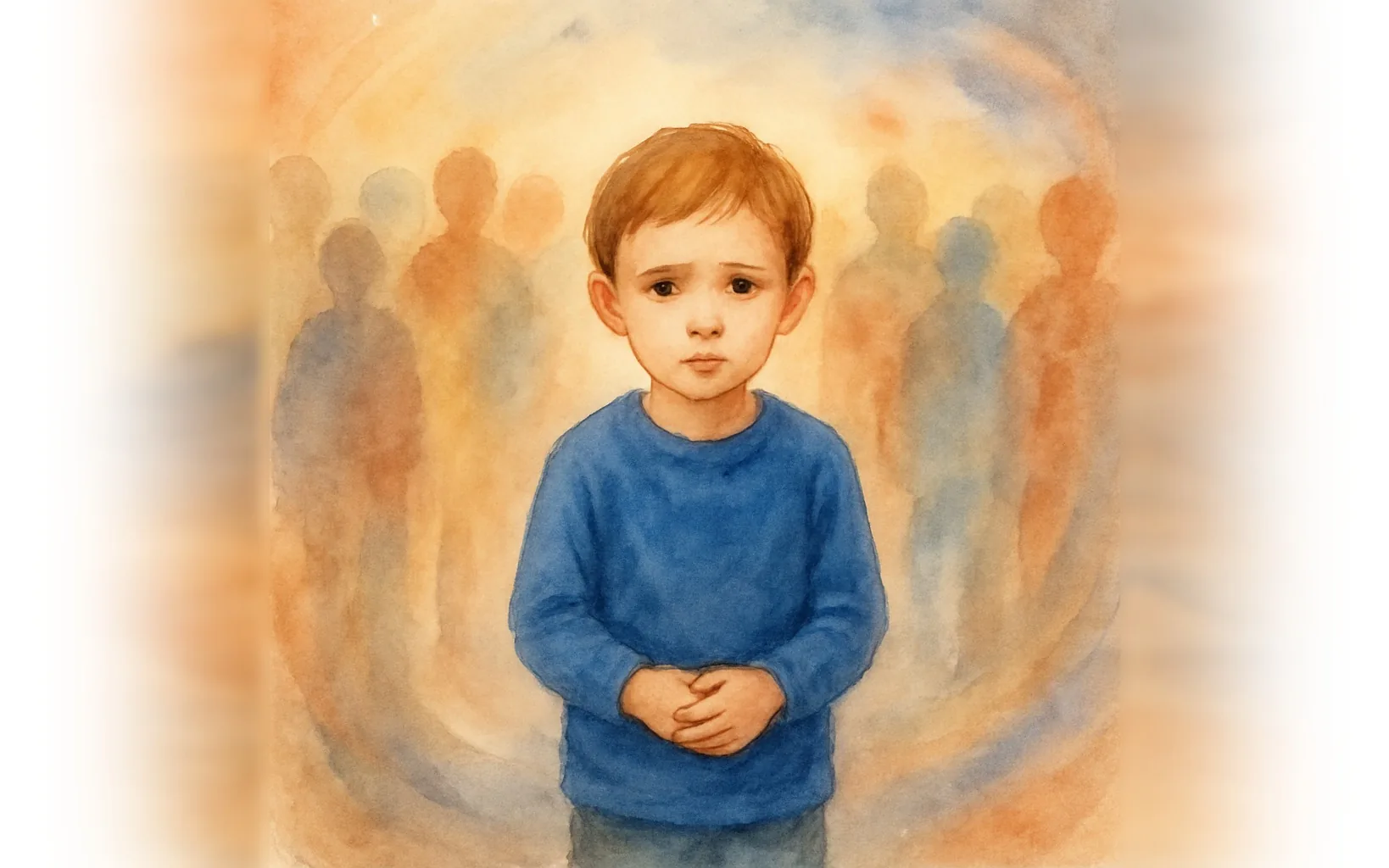 Watercolour of a young child absorbed in a repetitive activity, reflecting the moderate support needs of Level 2 autism.