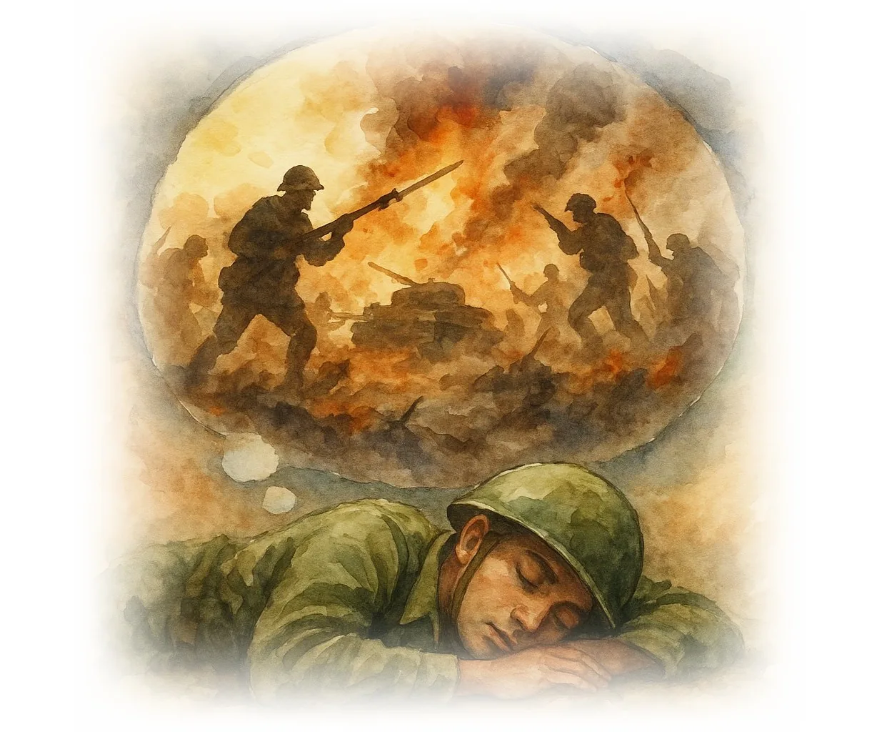 Veteran with disrupted sleep — watercolour